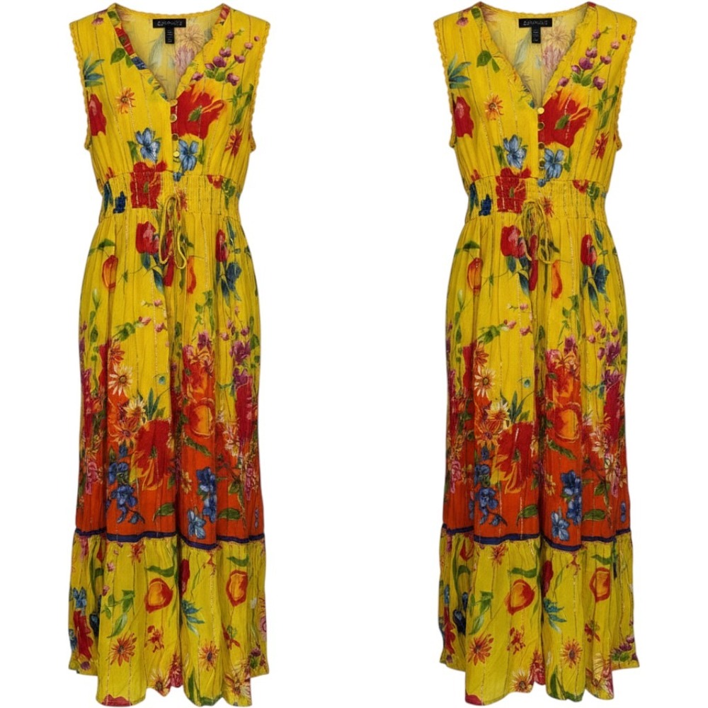 Me 2 Magic Floral Metallic Stripe Smocked Maxi Dress XL Yellow Boho Cottagecore